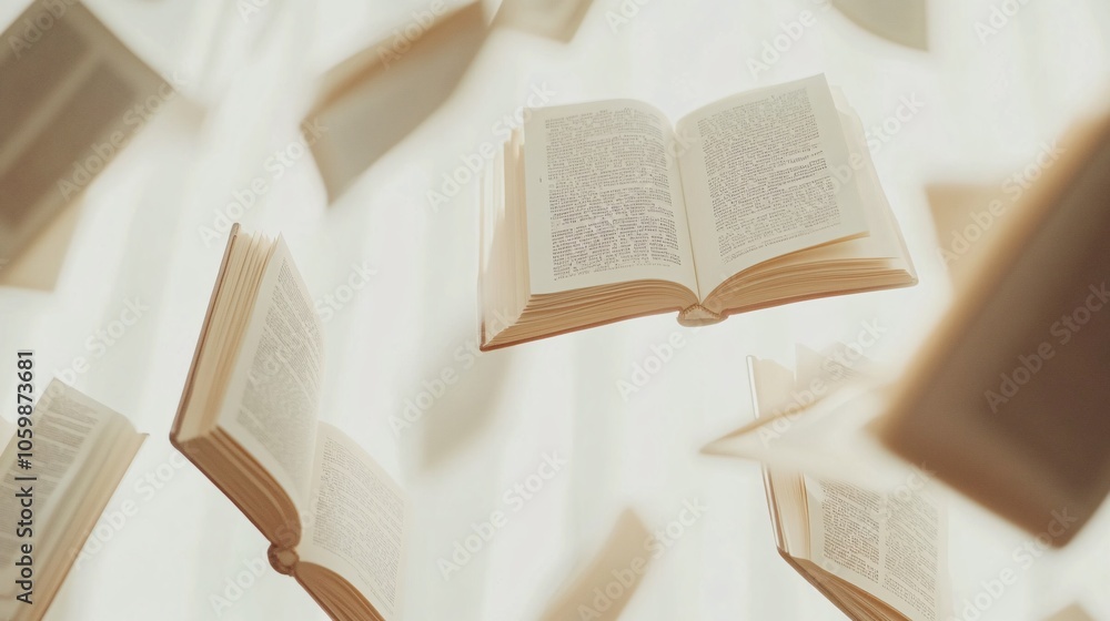 Obraz premium 2410 77.Several hardcover books are suspended in mid-air, their pages fluttering open against a bright white background. The books seem to be levitating, creating a sense of magic and wonder, perfect