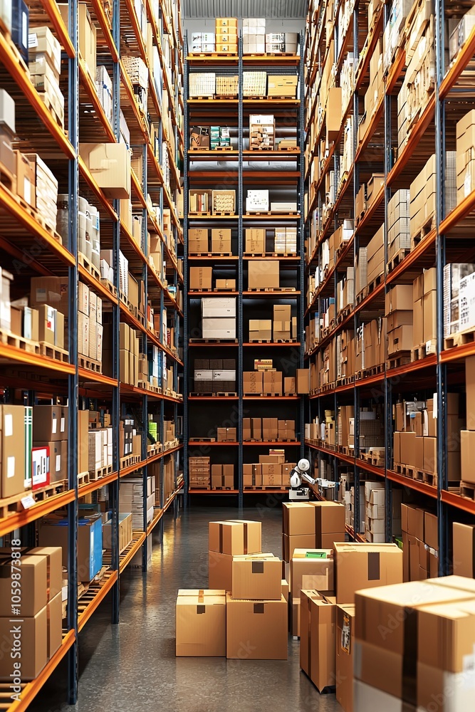 Obraz premium Warehouse with stacked boxes on shelves.