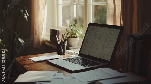 Wallpaper Mural 2410 91.A laptop placed on a wooden work desk at home, with documents spread out next to it. The soft natural light from a nearby window illuminates the workspace, creating a comfortable and cozy Torontodigital.ca
