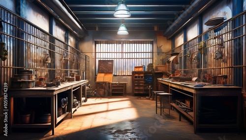 A dimly lit workshop with two workbenches and tools hanging on the walls.