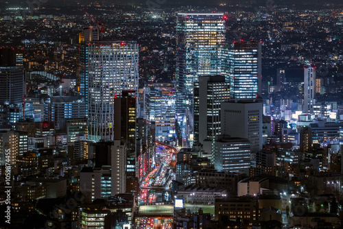 Tokyo Shibuya area panoramic view at night photo