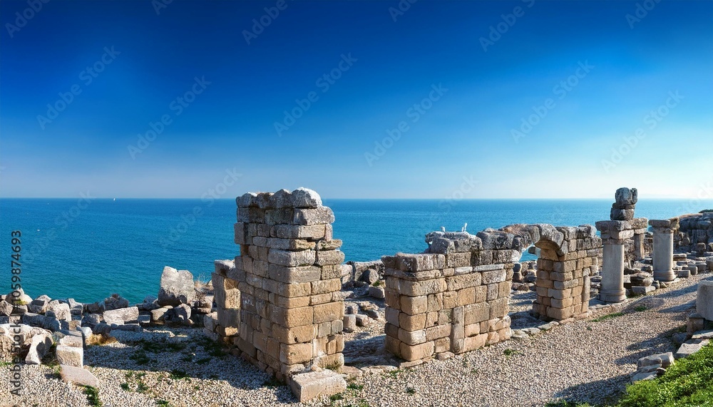 Ancient ruins overlooking a sparkling blue sea, a testament to a bygone era. Ancient ruins overlooking a sparkling blue sea, a testament to a bygone era.