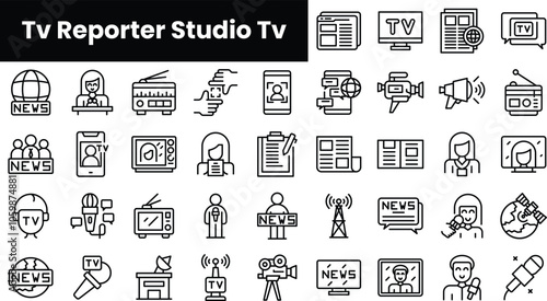Set of outline tv reporter studio tv icons