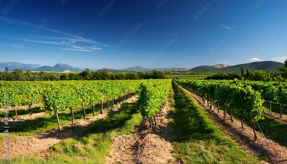 Obraz premium Vineyard rows stretch out under a clear blue sky, promising a bountiful harvest.
