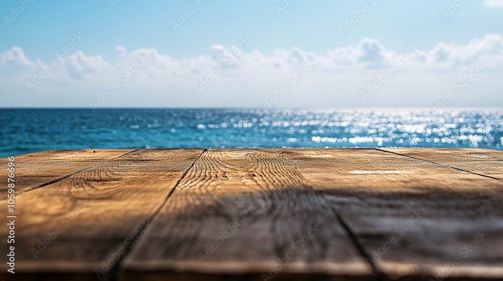 Fototapeta premium 2410 67.A wooden tabletop set against a blurred backdrop of a bright blue sea and clear sky. The tableâ€™s texture contrasts with the distant water, creating an inviting scene for enjoying a seaside