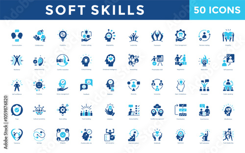 Soft skills icon set with communication, collaboration, creativity, problem solving, adaptability, leadership, teamwork, time management, decision making, empathy icon. Simple flat vector 
