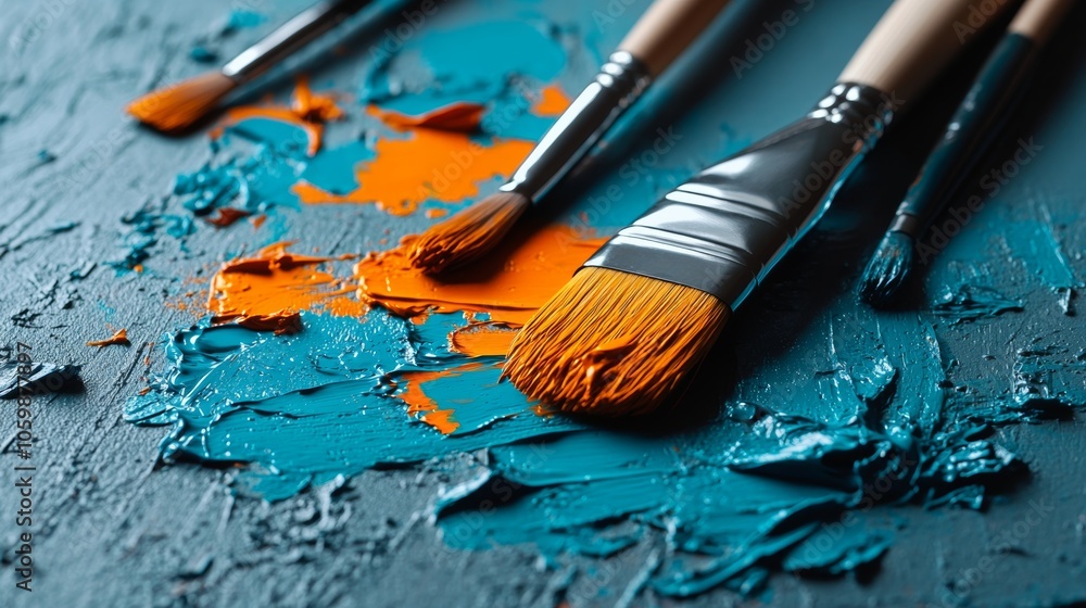 Fototapeta premium Brushes and Paint Swirls Creative Art Studio Close up