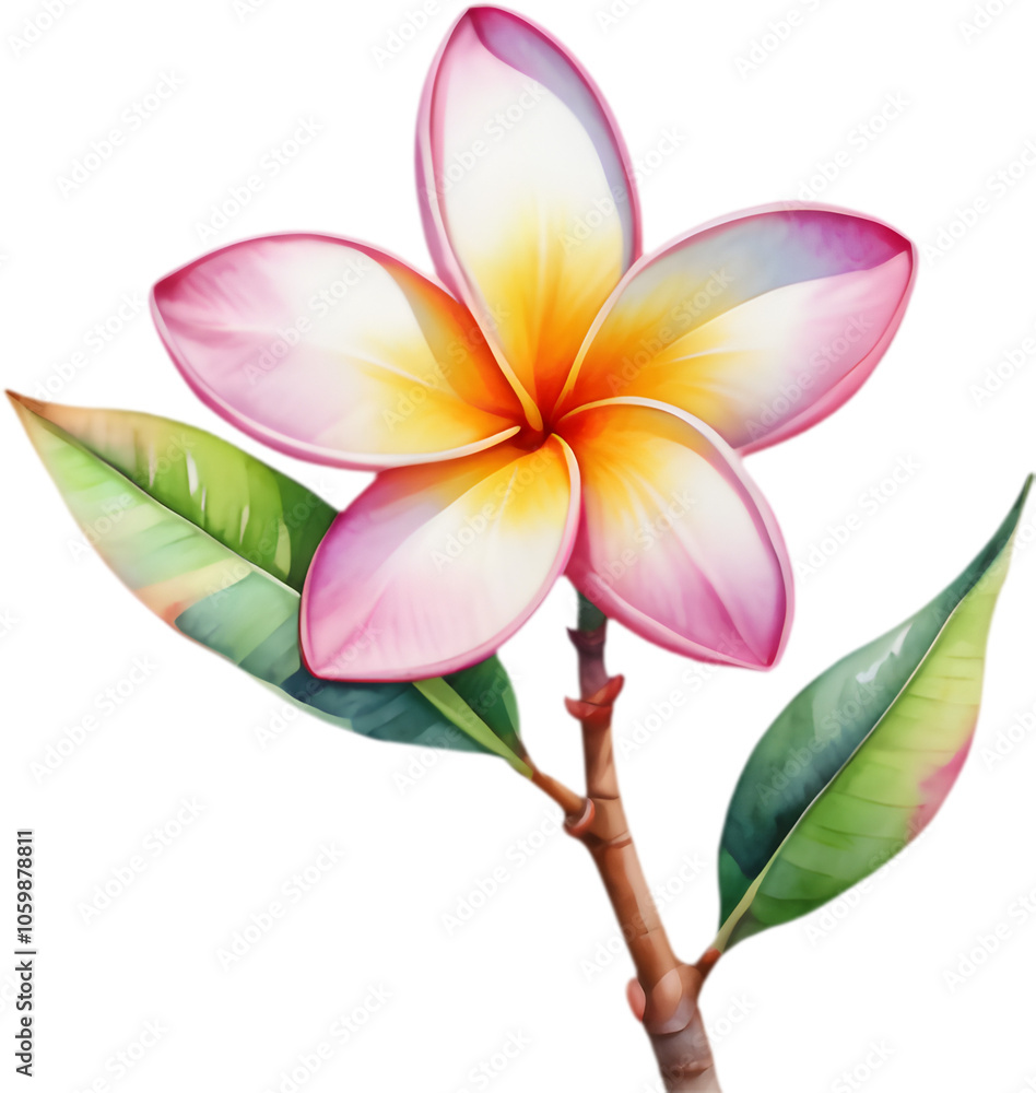 Naklejka premium Stunning Plumeria rubra watercolor painting showing delicate tropical flowers in vibrant colors. 
