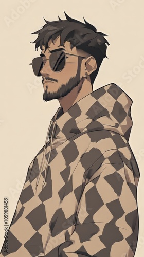 Minimalist, anime-style portrait of a young character with short Jesus-like hair, a groomed beard, and large sunglasses.