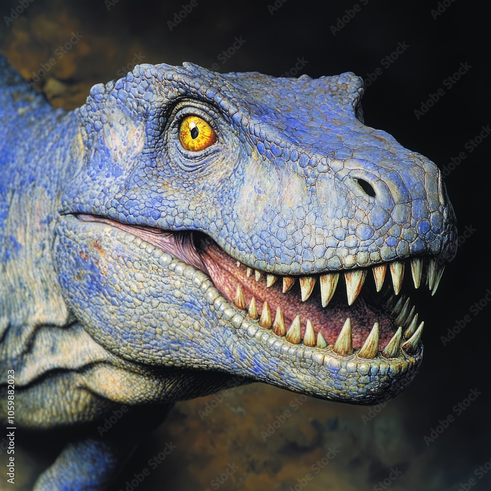 Obraz premium A close-up of a blue dinosaur's head with sharp teeth and yellow eyes.