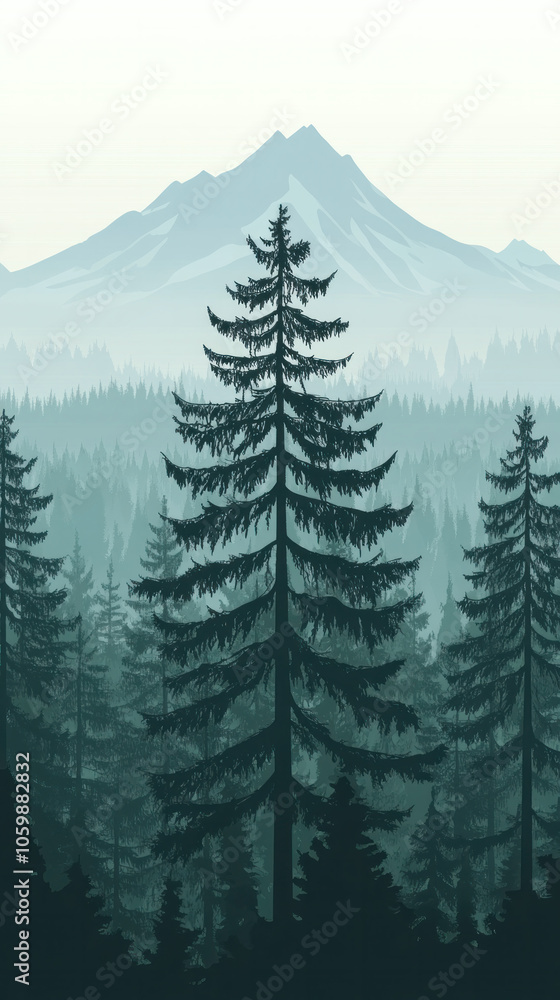 Fototapeta premium A tall pine tree stands in a forest with mountains in the background. The image has a serene and peaceful mood, evoking a sense of calm and tranquility