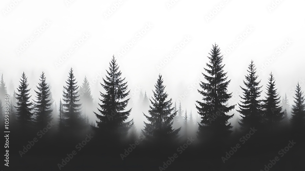 Obraz premium A misty forest silhouette with tall evergreen trees against a foggy background.