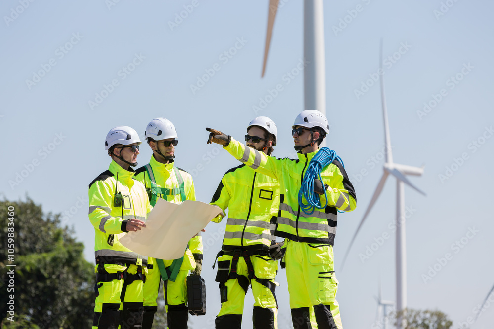 Fototapeta premium Group of male engineer wearing safety uniform working at wind turbines farm, discussing and planning maintenance of wind turbines at windmill field farm