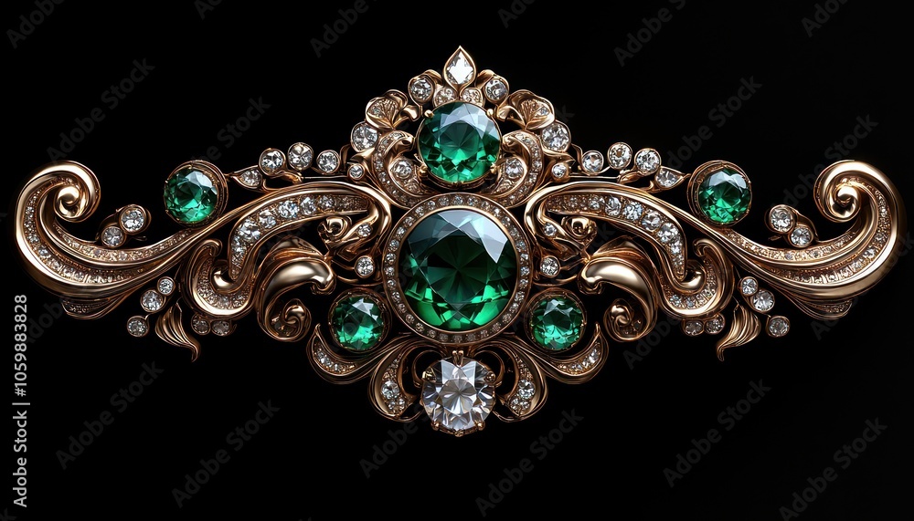 Obraz premium Ornate Golden Brooch with Emerald and Diamond Stones