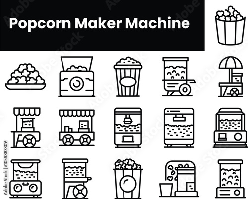 Set of outline popcorn maker machine icons