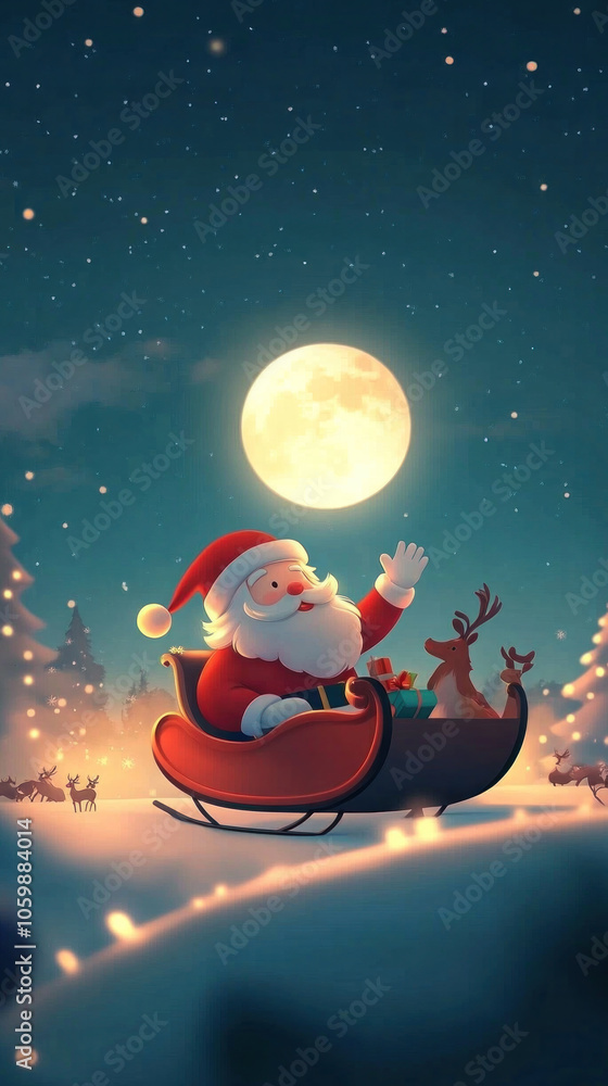 Naklejka premium A festive scene featuring Santa Claus riding a sleigh with reindeer and a full moon in the background