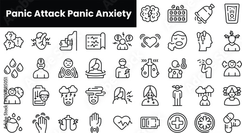 Set of outline panic attack panic anxiety icons