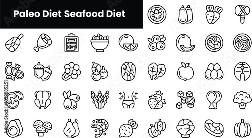 Set of outline paleo diet seafood diet icons