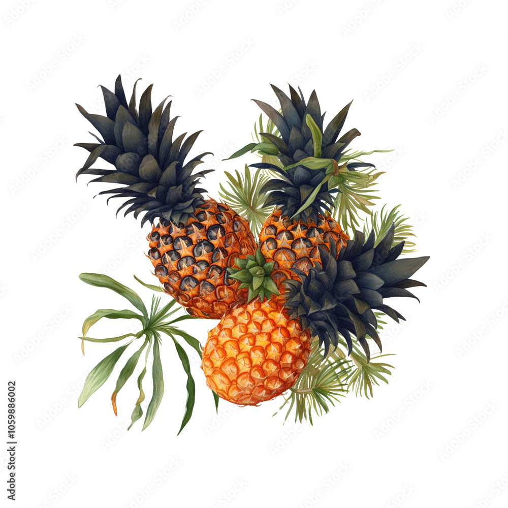 Fototapeta premium Three Pineapples with Green Leaves