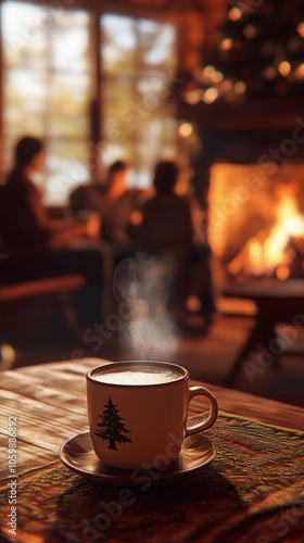 Christmas Winter photo by the burning fireplace with hot coffee, Christmas tree, Winter photo with tasty hot drink, coffee, cocoa