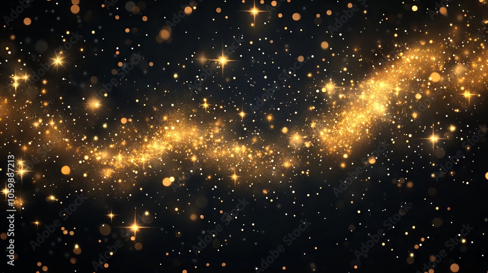 Obraz premium 107.Golden Glitter Splash, Shiny Star Dust Explosion, Shimmer Spray Effect, Festive Holiday Particles Isolated on a Dark Background