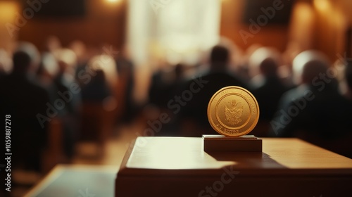 33.A gold medal on a wooden podium, with a blurred audience in the background, symbolizing victory and achievement in a prestigious award ceremony setting.