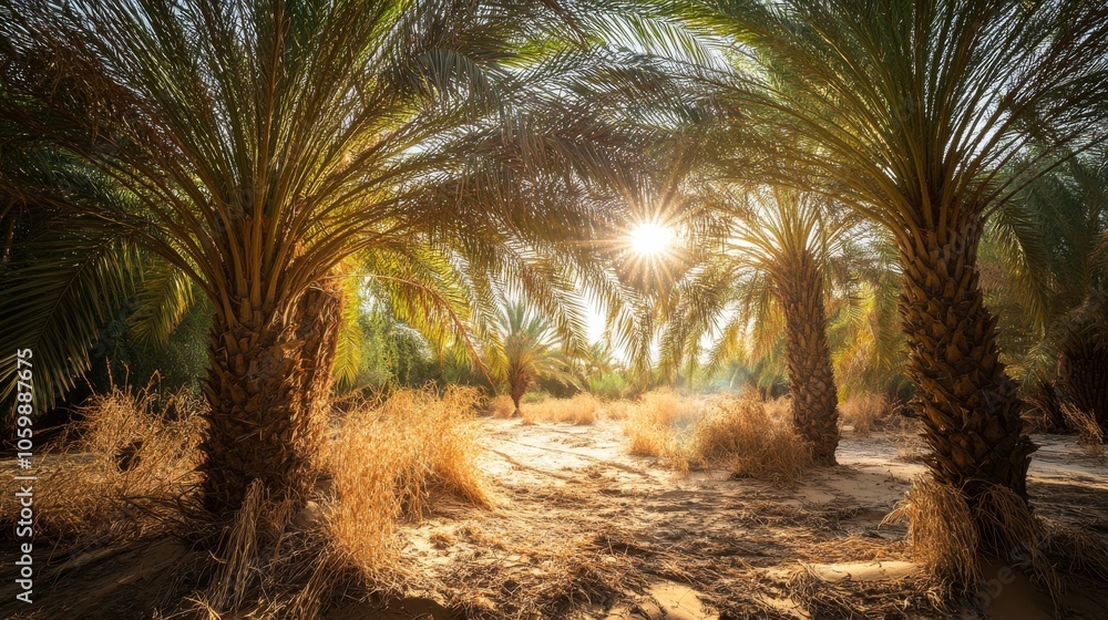Obraz premium 40.A picturesque scene of a date palm tree oasis in the desert, surrounded by dry, sandy terrain, with sunlight filtering through the fronds and the shimmering heat of the landscape in the distance.
