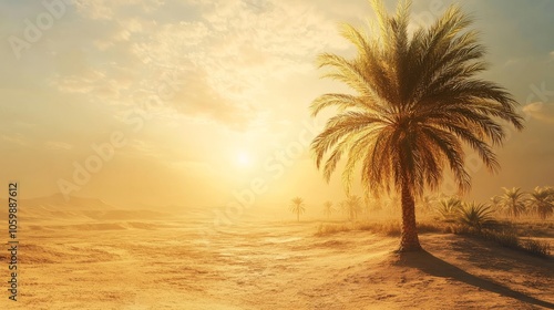 40.A picturesque scene of a date palm tree oasis in the desert, surrounded by dry, sandy terrain, with sunlight filtering through the fronds and the shimmering heat of the landscape in the distance.