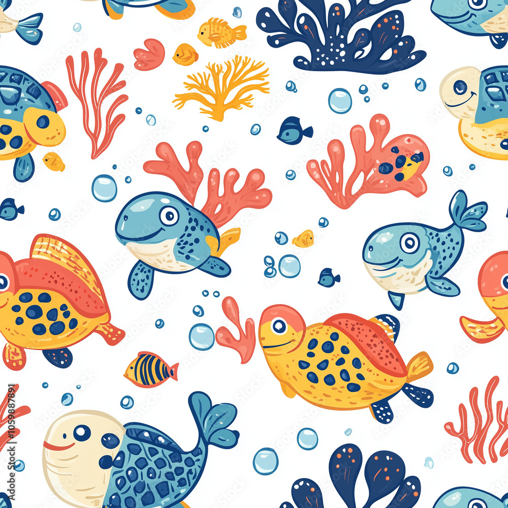 Obraz premium Underwater cartoon seamless pattern, with playful fish, sea turtles, corals, and bubbles, oceanic blues and bright accents, fun and bubbly, great for ocean-themed children’s rooms 