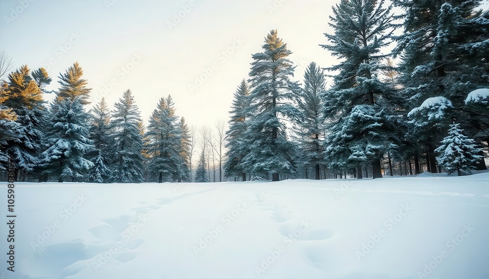 Obraz premium Snow-covered landscape with pine trees under a pale morning sky