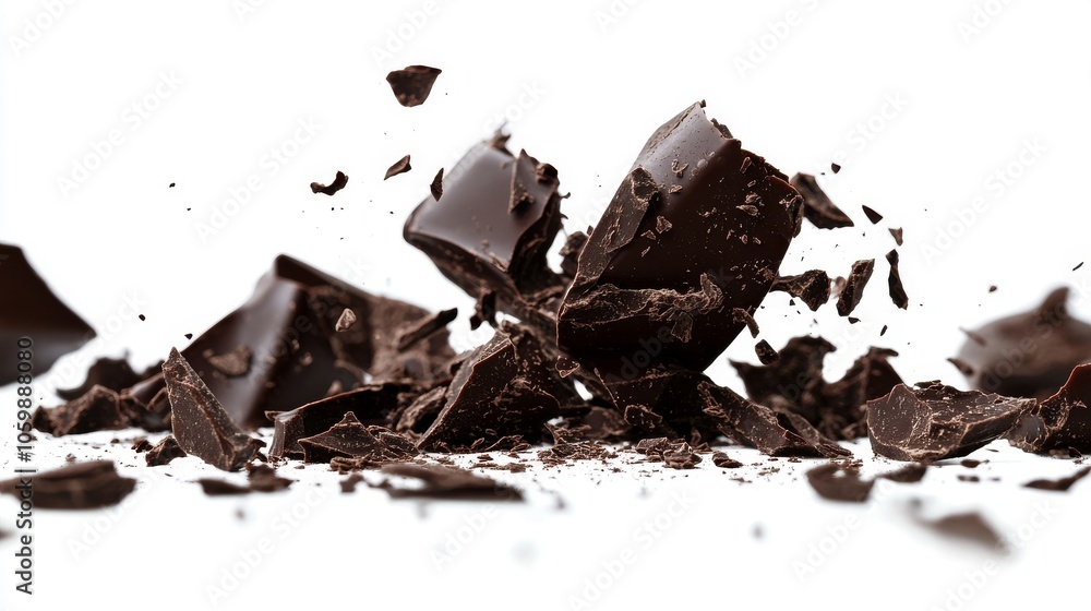 Fototapeta premium 70.A high-resolution shot of dark chocolate pieces isolated on white, with close attention to the fine details of the broken surfaces and a deep, rich color contrast between the chocolate and the