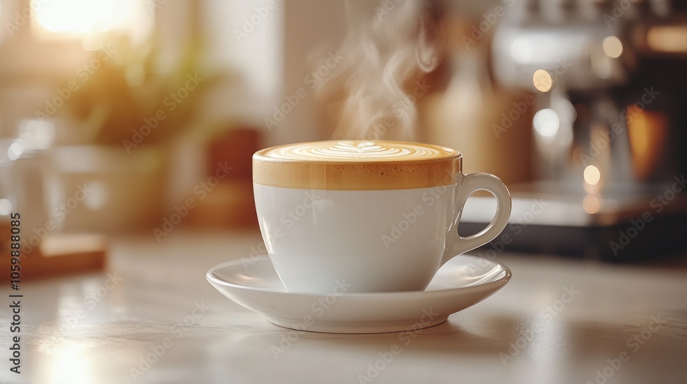 Fototapeta premium A steaming cup of latte art coffee on a cafe table.