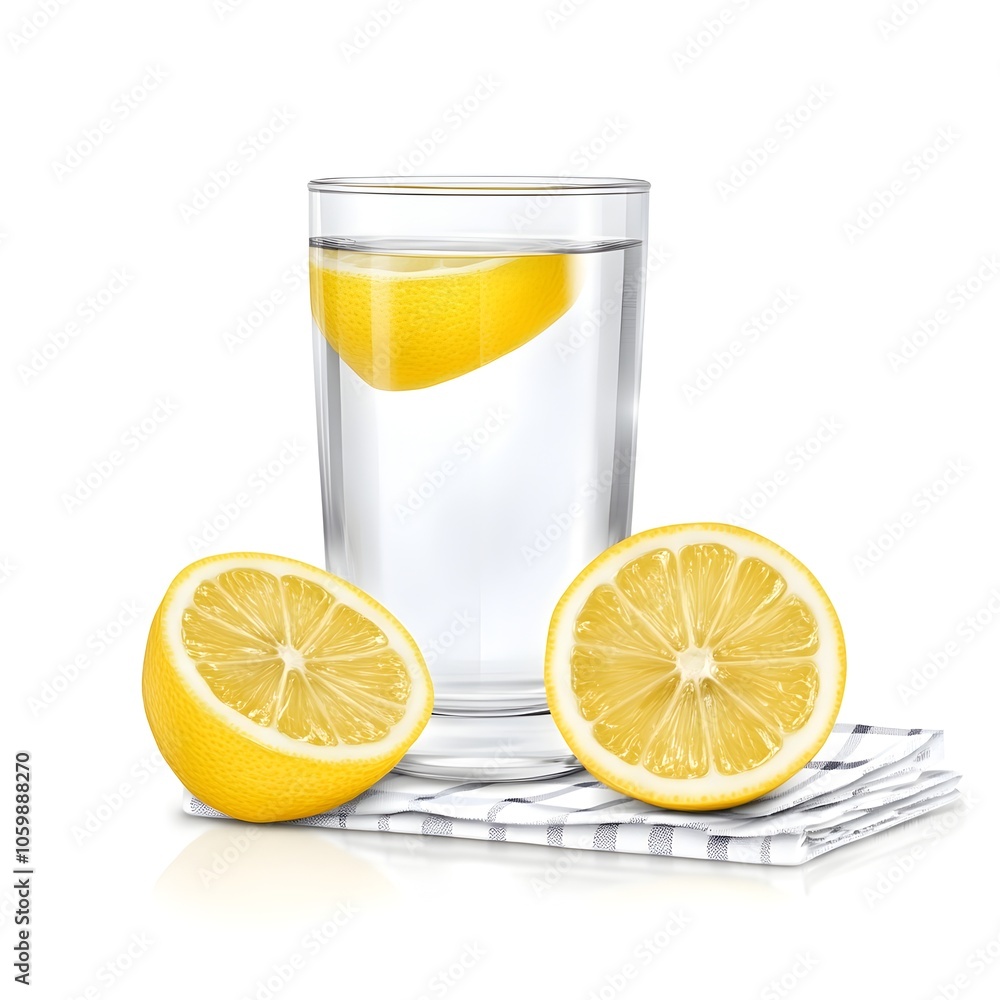 Refreshing Glass of Clear Water with Fresh Yellow Lemon Slice on White Background Refreshing Glass of Clear Water with Fresh Yellow Lemon Slice on White Background