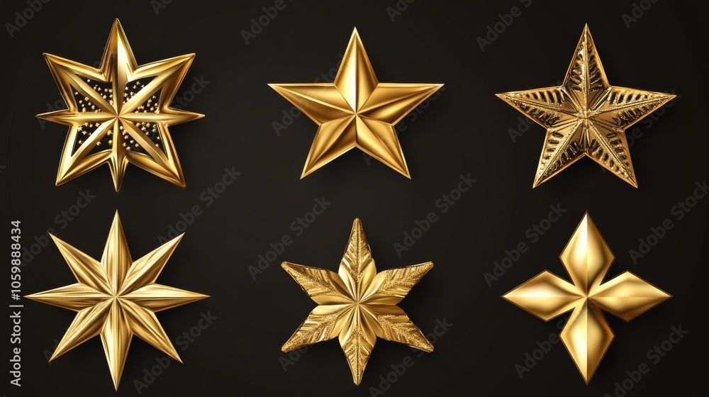 Obraz premium 113.Golden Star Isolated. Christmas Stars of Various Shapes. Realistic 3D Metallic Golden Design Element