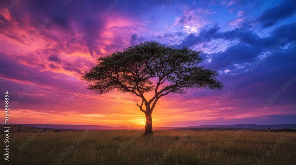 Fototapeta premium 16.A wide-angle view of a lone acacia tree standing tall on an expansive African savanna at sunset, with the sky glowing in vibrant oranges and purples, casting a dramatic silhouette.