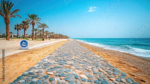 Fototapeta Naklejka Na Ścianę i Meble -  A stone path leading to the ocean with palm trees in the background.