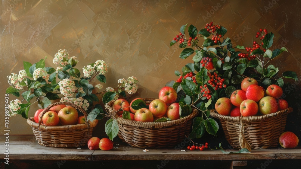 Ripe apples and viburnum in woven baskets. Ripe apples and viburnum in woven baskets.