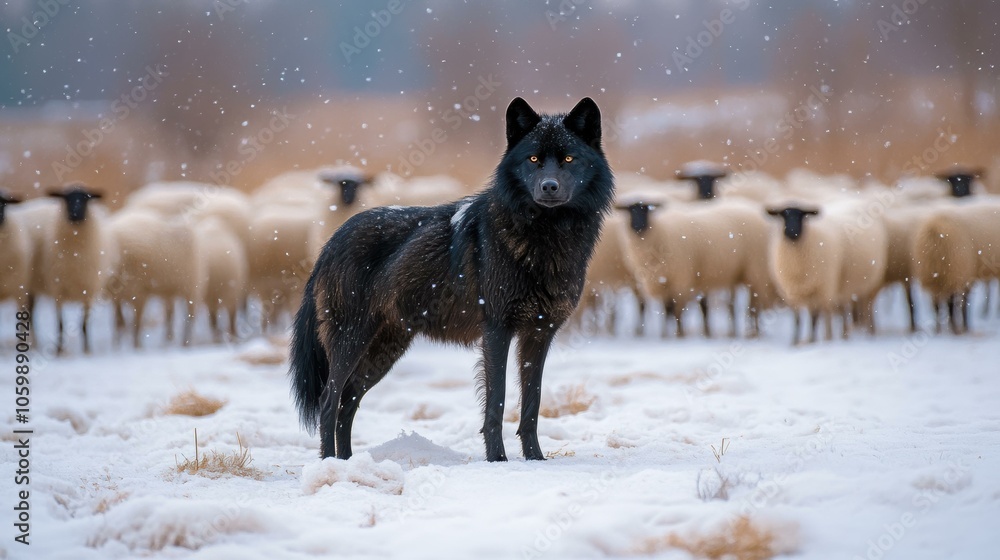Obraz premium A black wolf stands in a snowy field, facing a flock of sheep. AI.