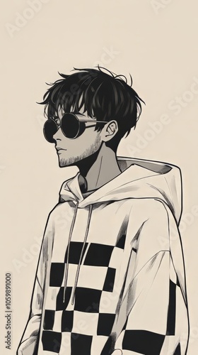 Minimalist, anime-style portrait of a young character with short Jesus-like hair, a groomed beard, and large sunglasses.