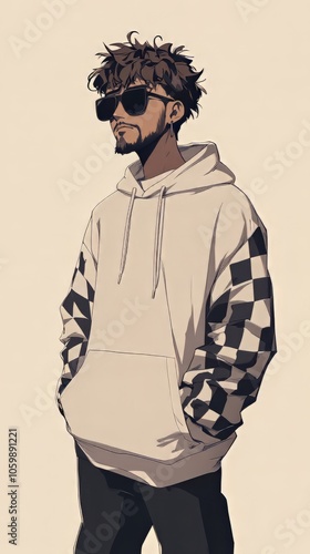 Minimalist, anime-style portrait of a young character with short Jesus-like hair, a groomed beard, and large sunglasses.
