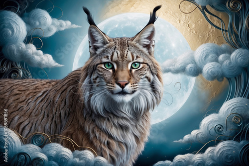 A mysterious lynx in Nouveau Realisme style. Created with generative AI technology photo