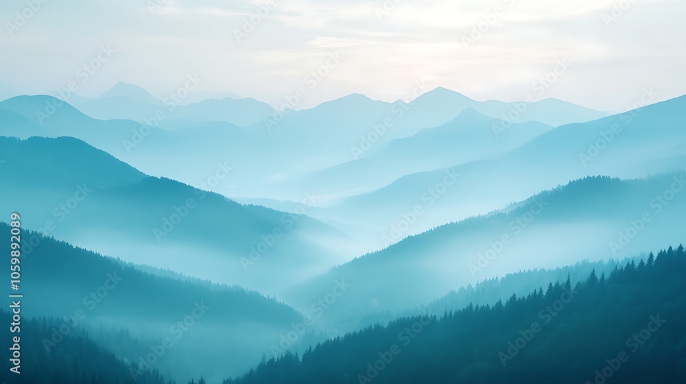 Obraz premium Serene mountain landscape enveloped in mist, evoking tranquility and natural beauty.