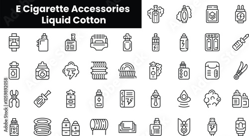 Set of outline e cigarette accessories liquid cotton icons
