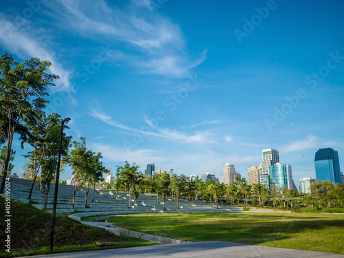 The grandstand overlooking the cityscape at Benjakitti Forest Park in Bangkok, Thailand.