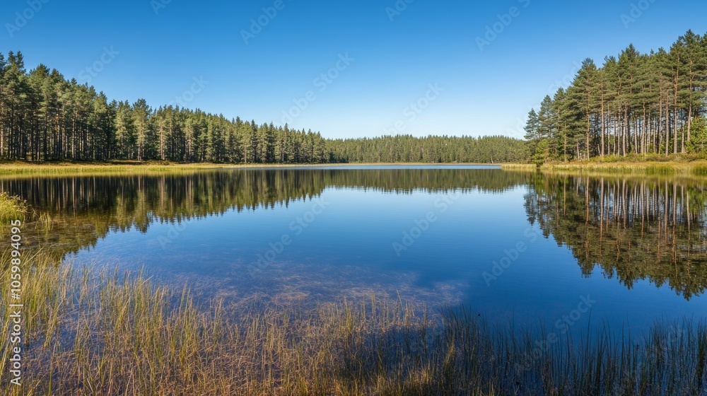 Fototapeta premium A calm lake reflecting the clear blue sky and surrounding trees symbolizing trust and reliability in nature