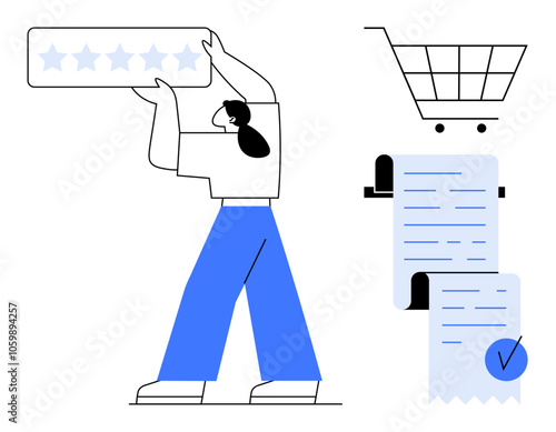 A person holding a five-star rating beside a shopping cart and a receipt with a checkmark. Ideal for themes such as e-commerce, customer service, satisfaction, online shopping, and reviews. Simple