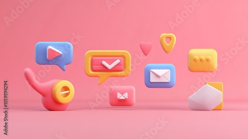 playful 3d rendered communication symbols, primary and secondary colors, simple geometric forms, slight perspective, matte texture, ui/ux concept illustration photo