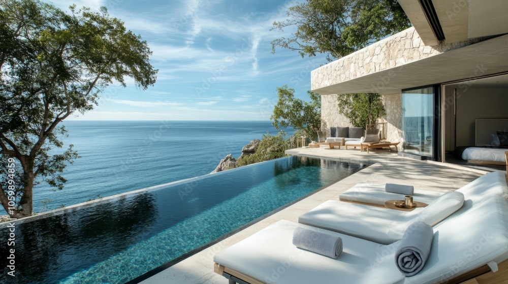 Fototapeta premium A luxurious outdoor pool with an infinity edge overlooking the ocean symbolizing luxury living and high-end relaxation