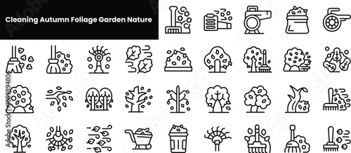 Set of outline cleaning autumn foliage garden nature icons