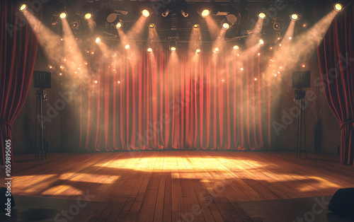 Theater stage with red curtains and spotlights. Theatrical scene in the light background